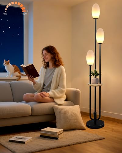 Image of Black Dimmable Floor Lamp with Table, Unique Tall Standing Lamps with 3000K G9 Bulbs for Reading, Mid Century Modern Floor Lamp with 5Lbs Heavy Base for Living Room Bedroom Office