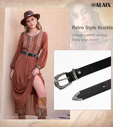 ALAIX Women's Leather Belt Vintage Western Belt Silver/Gold Buckle Belt Jeans Belt Black and Gold Belt for Women3
