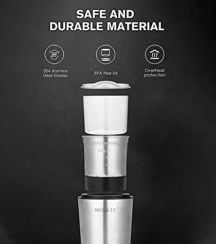 Coffee Grinder Electric, Mosaic Herb Grinder, Spice Blender And Espresso Grinder With 2 Dishwahser Safe Stainless Steel Bowls For Coffee, Herb And Spices, Silver #TOP5
