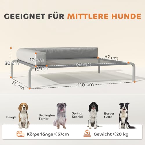 PawHut Hundeliege Outdoor, Erhöhtes Hundebett für Mittelgroße Hunde, Kühlendes Haustierliege mit L-förmige Kissen Stahlrahmen rutschfesten Füßen, Haustierbett für Draußen Camping 110x75x30cm Hellgrau
