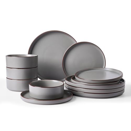 Image of Famiware Nebula Ridge Stoneware Dinnerware Sets, Plates and Bowls Sets for 4, 12 Pieces Dishes Set, Microwave and Dishwasher Safe Kitchen Plates, Dark Gray