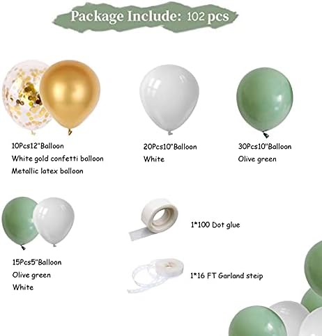 Sage Green Balloon Arch Kit, 102Pcs Olive Green Latex Party Balloons with White Balloon Gold Metallic Balloon Garland for Baby Shower, Birthday, Anniversary Party, Jungle Safari Party Decoration