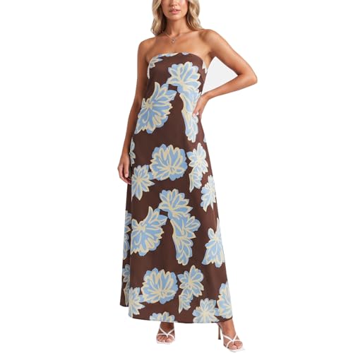 Image of Zwirelz Women Strapless Maxi Dress Boho Floral Print Flowy Long Tube Dress Off Shoulder Loose Beach Sundress