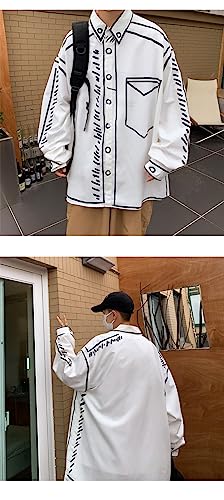 Graffiti Cartoon Outwear for Men Line Print Oversized Vintage Preppy Jackets Casual Long Sleeve Button Down Coat4
