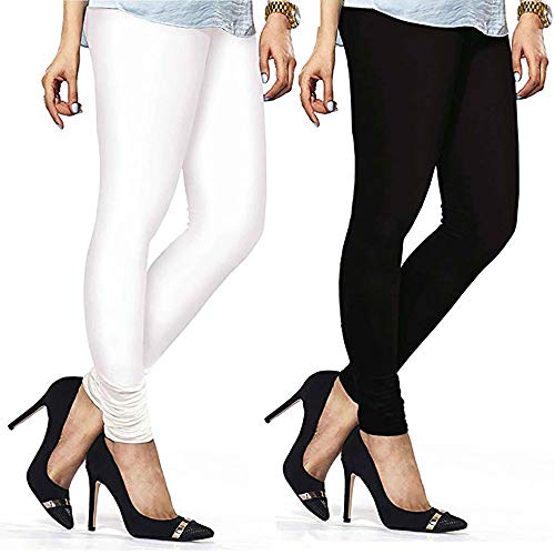 Divine India Stretchable Lycra Pure Cotton Legging for Women's Churidar Legging Pack of 2 White, Black