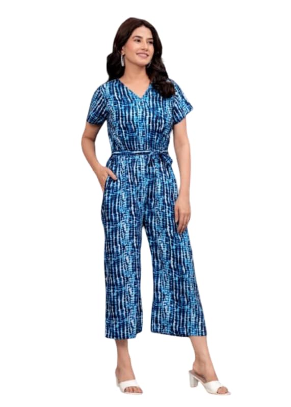 Women's Rayon V-Neck Tie Dye Printed Jumpsuit with Waist Tie-Up and Side Pockets | Stylish Straight Leg Full Length One Piece Western Dress Outfit for Birthday, Party, Office and Everyday Wear (Blue)-picture-31