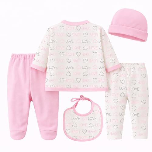 Image of Kidbee Baby Clothing Gift Set for Boys & Girls, 5 Piece Newborn Clothing Combo with Front Open Top, Pajama, Printed Pant, Cap & Bib, Soft Cotton, 0-6 Months Baby