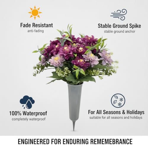 Artificial Cemetery Flowers for Grave, 2 Pack Silk Peonies Bouquet with Vase - UV Resistant Purple & Pink Memorial Flowers, All Weather Outdoor Headstone Decor with Spike image 1