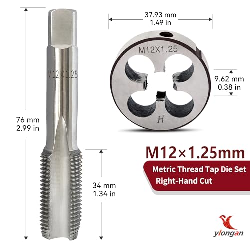 Image of M12x1.25 Tap and Die Set, Metric Right Hand M12 x 1.25 Tap Die Set, 12 x 1.25mm High-Speed Steel Thread Milling Tap and Die Suitable for Various Metals, M12 Thread Tap and Round Thread Die Tool