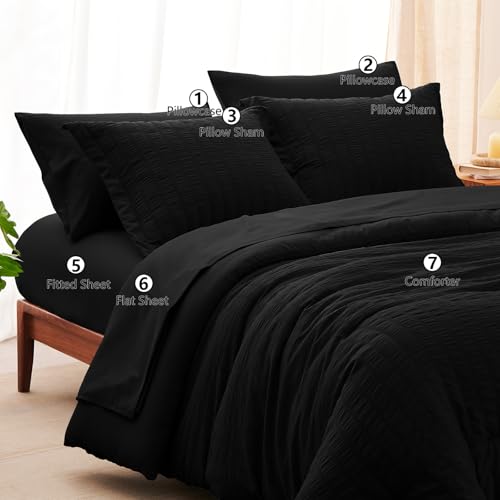image for CozyLux Queen Seersucker Comforter Set with Black Bed in a Bag 7-Piece