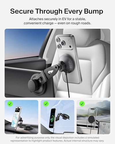 Image of Belkin Tesla Phone Mount, Magnetic Wireless Car Mount for EV (Strong Magnet) w / 3.3ft USB C Cable, Qi2 MagSafe Compatible Fast Charging for iPhone 17 /16 /15, Model 3, Model Y, etc. - Tesla Accessories