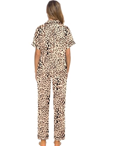 Image of SWOMOG Women Satin Pajamas Set Short Sleeve Top & Pants Sleepwear Silky Button Down Nightwear 2pcs Loungewear Pjs Set Brown Leopard Large