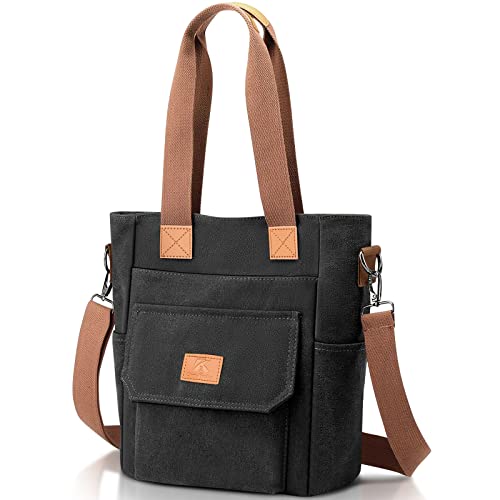 VOBUKE Sacs à main Femmes Toile Grand Capacité Bandoulière Rétro Sac Cabas Loisirs Sac Telephone Portable pour Shopping Vie Quotidienne Voyage Travail Ecole Plage(Noir 32x32x13cm) Cover