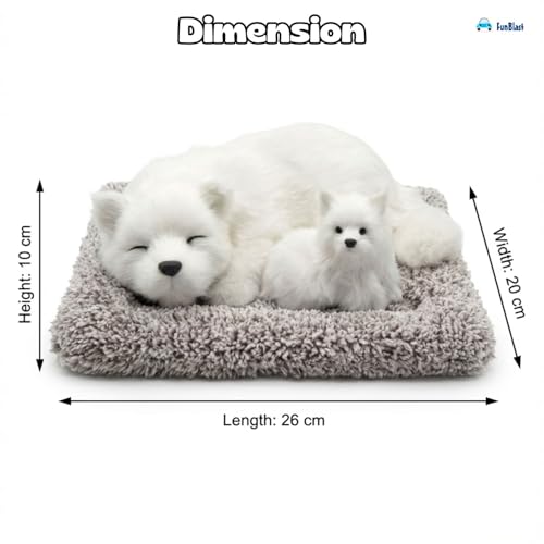 Image of FunBlast Sleeping Cute Dog with Puppy - Realistic Soft & Lifelike Pet Puppy with Bed for Car Dashboard and Home Decor, Sleeping Dog Soft Toy (White)