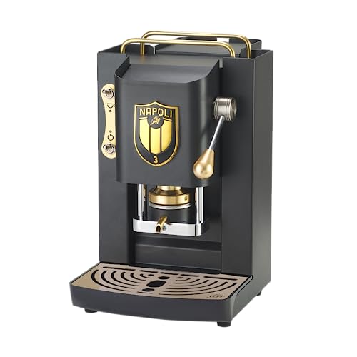 FABER COFFEE MACHINES | Modello Pro Deluxe Scudetto | Macchina caffe a cialde ese 44mm | Colore Mat Black finiture Ottone | Pressacialda in ottone | Napoli Campione (LOGO NERO)