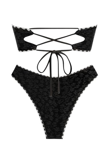 Image of ZAFUL Women's High Cut Bandeau Bikini Set Strapless Solid Color 2 Pieces Bathing Suit Swimsuit