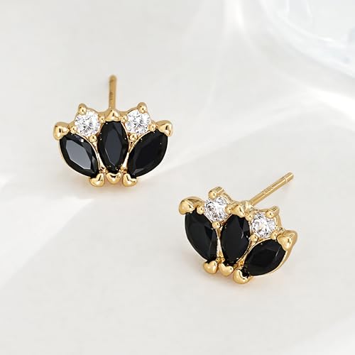 FETTERO Stud Earrings for Women - 14K Gold Plated CZ Hypoallergenic Earrings Studs Dainty Black CZ Leaf Gold Earrings for Women Trendy Statement Jewelry