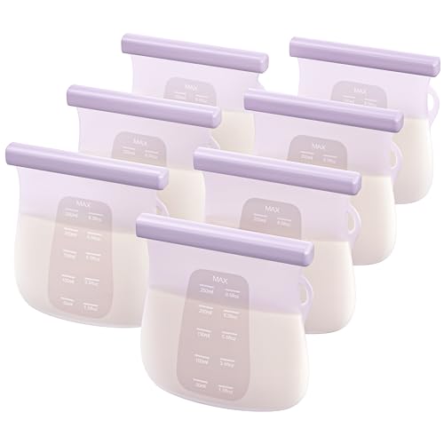 Image of Jelly Ruru 7 PCS Reusable Breast Milk Storage Bags, 8.5oz 250ml LFGB Standard Silicone Breastmilk Freezer Storage Container, Leak-Proof & Self-Standing Milk Bags, Baby Food Bags, Purple