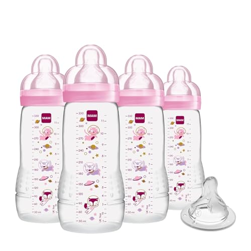 Image of MAM Easy Active Baby Bottle 4 Pack, 11oz, BPA Free, Fast Flow Silicone Nipple, Anti-Slip Grip, Leak-Proof, 4+ Months, Purple Iris
