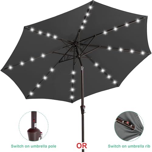 Image of JEAREY 9FT Outdoor Patio Umbrella with Solar Lights, LED Lighted Pool Umbrella with Tilt and Crank, Outdoor Table Umbrellas for Deck, Yard & Market (Grey)