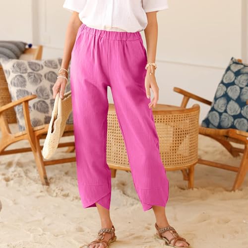 Linen Pants Women Summer Casual Capri Pants Elastic Waist Crop Palazzo Trousers with Pockets Baggy Trendy Beach Pant4