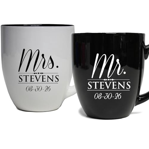 My Personal Memories Set of 2 Personalized Mr. and Mrs. Coffee Latte 16oz Mugs for Couple - Custom Engraved Mug Gift for Bride, Groom His, Hers, Husband, Wife (Black Mr, White Mrs)