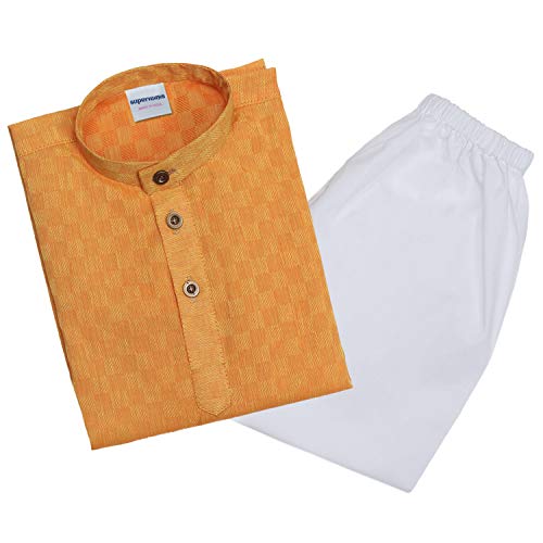 Image of superminis Baby Boys Traditional Ethnic Wear Handloom Cotton Solid Pattern Kurta With White Pyjama Set