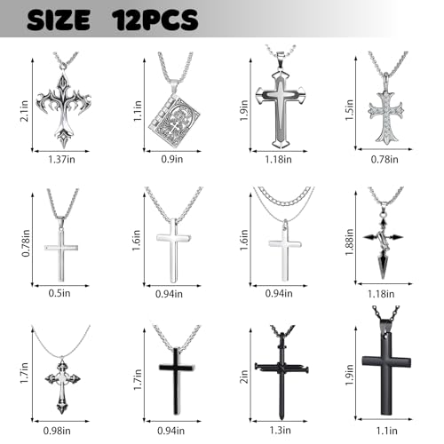 12/24PCS Cross Necklace for Men Silver Chain Jewelry Set Stainless Steel Cross Pendant Goth Necklace for Boys 16-24 inches Chain2