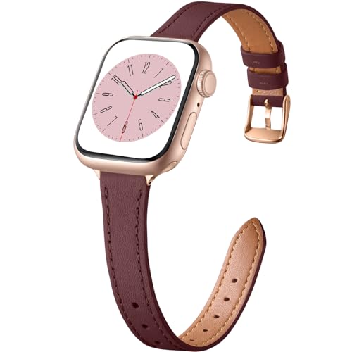 CeMiKa Correas Cuero Finas Compatible con Correa Apple Watch 38mm 40mm 41mm, Correa de Piel Fina Genuina para Apple Watch SE3 SE/iWatch Series 11 10 9 8 7 6 5 4 3, Mujer Hombre, Rojo Vino