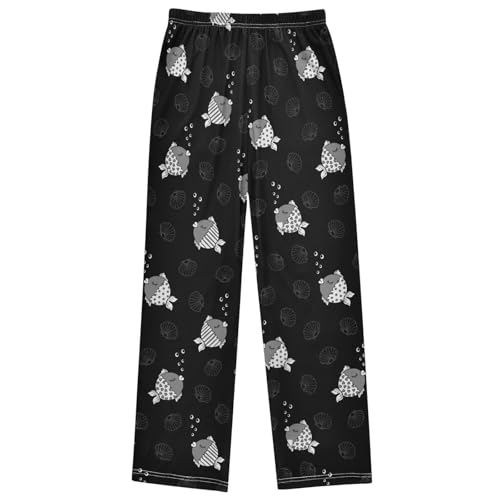 Boy's Pj Pants Sleep White Fish Pout Black Lounge Bottoms Elastic Waist Kids Joggers with Pockets Size 6-14 7