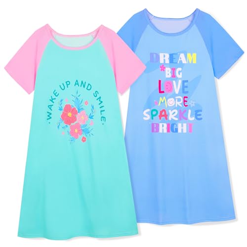 Play Tailor 2Pcs Girls Nightgowns Kids Pajamas Princess Nightgown Dress Sleepwear for Toddler Little Girls, Green/Blue, 14Y