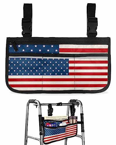 American Flag Wheelchair Side Bag Walker Bag, 4th of July Red Striped Independence Day Wheelchair Accessories Armrest Pouch, Organizer Storage Bag for Walkers, Rollators, Scooters, 7.3''x13''