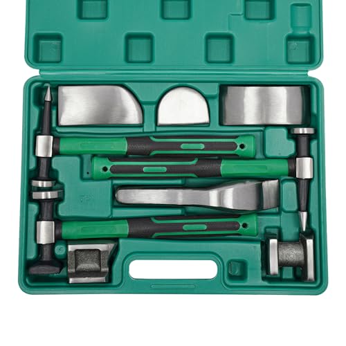 BGYUHWQ Auto Body Repair Kit, 9PCS Hand Car Auto Body Work Hammer Fender Tool, Dent Crowbar Metal Repair Kit Fender Carbon Steel Dolly and Hammer Dolly Set with Carrying Case