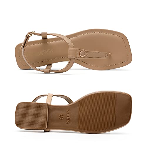 DREAM PAIRS DREAM PAIRS Women's T-Strap Thong Flat Sandals with Cute Square Toe Strappy for Summer,Size 5.5,Nude,SDFS2301W