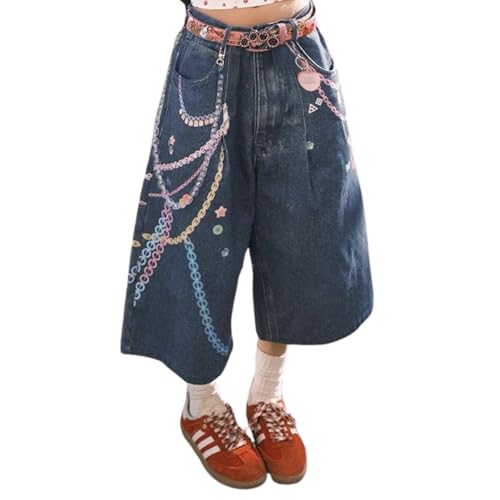 Y2K Wide Leg Jeans for Women Baggy Pants Retro Streetwear Cute Design Cropped Denim Trendy Coquette Casual Bottoms