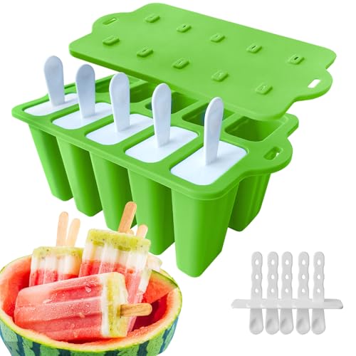 Moldes para Helados de Silicona,con tapa y 10 palitos Molde para Helados y Polos,Set de Moldes para Polos,Moldes para Polos DIY sin BPA,Moldes para Polos para Niños,Moldes Reutilizables para Polos