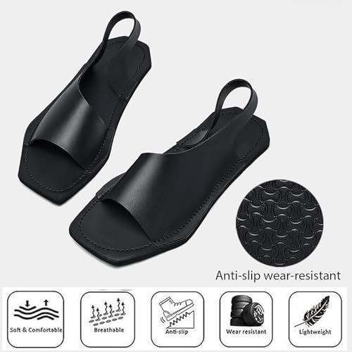 Men's Genuine Leather Flat Slides Sandals Classic Round Open Toe Slip On Non Slip Outdoor Casual Slippers Summer Lightweight Beach Sandals4
