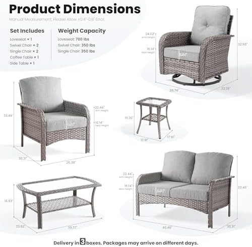 ovios 7 Pieces Patio Furniture Set, Outdoor Wicker Sofa with Swivel Chairs, Coffee Table, All Weather High Back Rattan Loveseat Couch with Comfy Cushions, Dark Grey