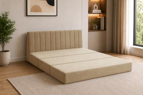 Image of 3-Seater Velvet Sofa Cum Bed | Convertible Sleeper Sofa | Modern Foldable Couch for Living Room, Bedroom & Office | Golden