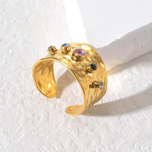 Colorful Crystal Ring for Women Stainless Steel Open Statement Rings Wide Finger Band Engagement Promise Bands Expandable4