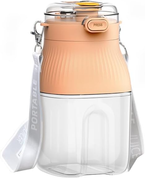 Portable Electric Juicer, Multifunctional Blender with Clear Container, Peach and White Design, USB Rechargeable Personal Size Juice Extractor with Carrying Strap