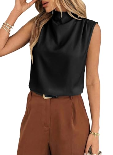 BLENCOT Sleeveless Blouses Women Dressy Pleated Work Flowy High Neck Tank Tops Sleeveless Dressy Spring Going Out Office Business Casual Blusas Casuales De Mujer Bonitas Medium Black