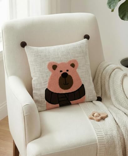 Image of Cotton Fabric White Cartoon Bear Embroidered Kids Cushion Cover for Sofa Set /Diwan Beds 16 x 16 Inches or 40x40 cms Cushion Covers, Sofa Throw Pillow Cover only, Set of 1 Pc