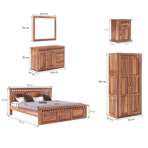 Image of SONA ART & CRAFTS Kuber Solid Sheesham Wood Bedroom Set | Queen Size Bed Without Storage, Wardrobe, Chest of Drawer & Two Bedside Tables - Natural Finish (Assembly Included)