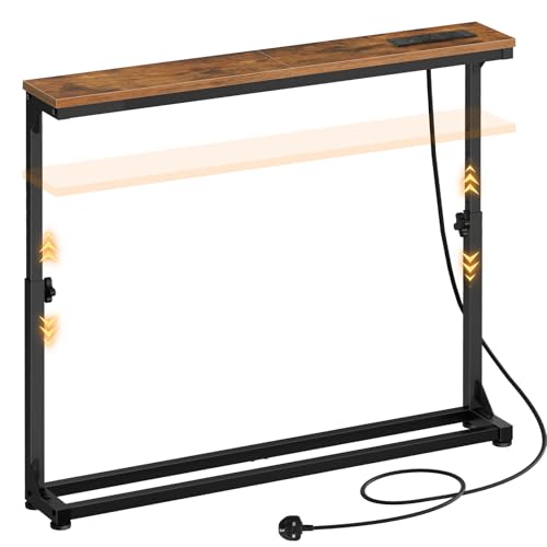 HOOBRO Slim Console Table with Adjustable Height (63.5-83.5 cm) Behind Sofe Table with Charging Station 100 cm Narrow Console Table for Hallway Living Room Bedroom Rustic Brown EBF95KXG01