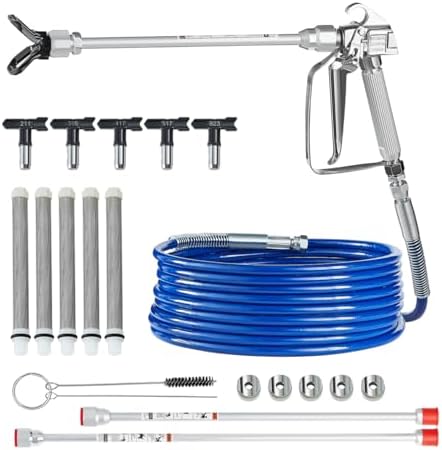 VEVOR Airless Paint Spray Gun and Hose Kit, 3600PSI High Pressure Paint Sprayer Hose Set with 5 Tips, 211, 315, 417, 517, 623, Swivel Joint Airless Spray Gun Kit with Filters, Hose and Extension Rods