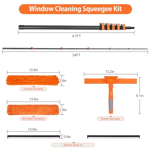 Image of Window Washing Kit with Extension Pole 4.7 to 24FT, Long Squeegee for Window Cleaning Indoor Outdoor, Carbon Fiber Telescopic Pole for Window Cleaner Tool with Microfibre Pad & Chenille Cloth