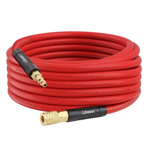 Hybrid Air Hose 3/8-Inch by 100 Feet Air compressor Hose Heavy Duty Lightweight Kink Resistant All-Weather Flexibility with 1/4-Inch Brass Male Fittings Bend Restrictors 300 PSI