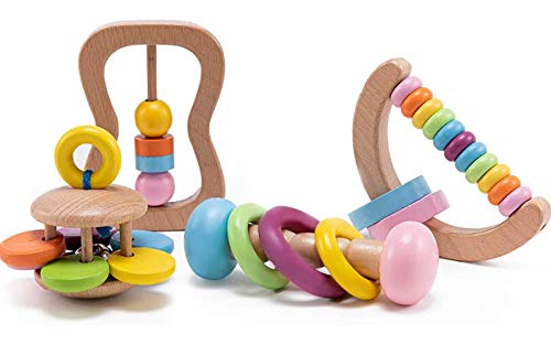 Image of 4Pcs Organic Toddler Wooden Toys Wood Montessori Baby Rattle Intellectual Toddler Grasping Toy Perfect Newborn Gift