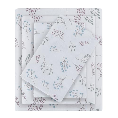 Image of True North by Sleep Philosophy Flannel Sheets King Size, Cozy 100% Cotton Flannel Bed Sheets, Ultra Soft Sheet Set, Novelty Print Themed Cold Weather Warm Bedding Set, White Tossed Botanical, 4 Piece